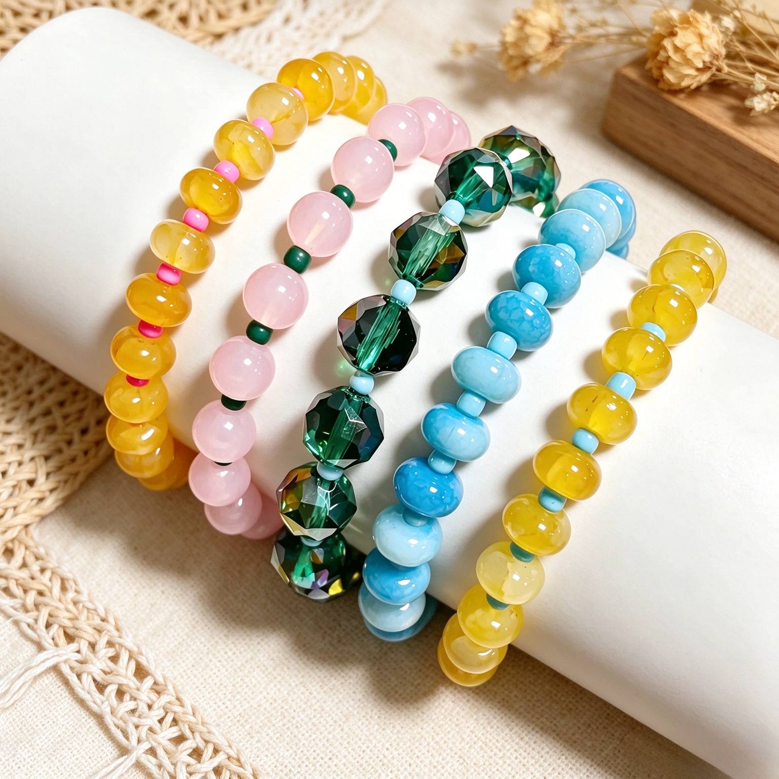 5pcs Macaron Abacus Bead Stretch Bracelet Set